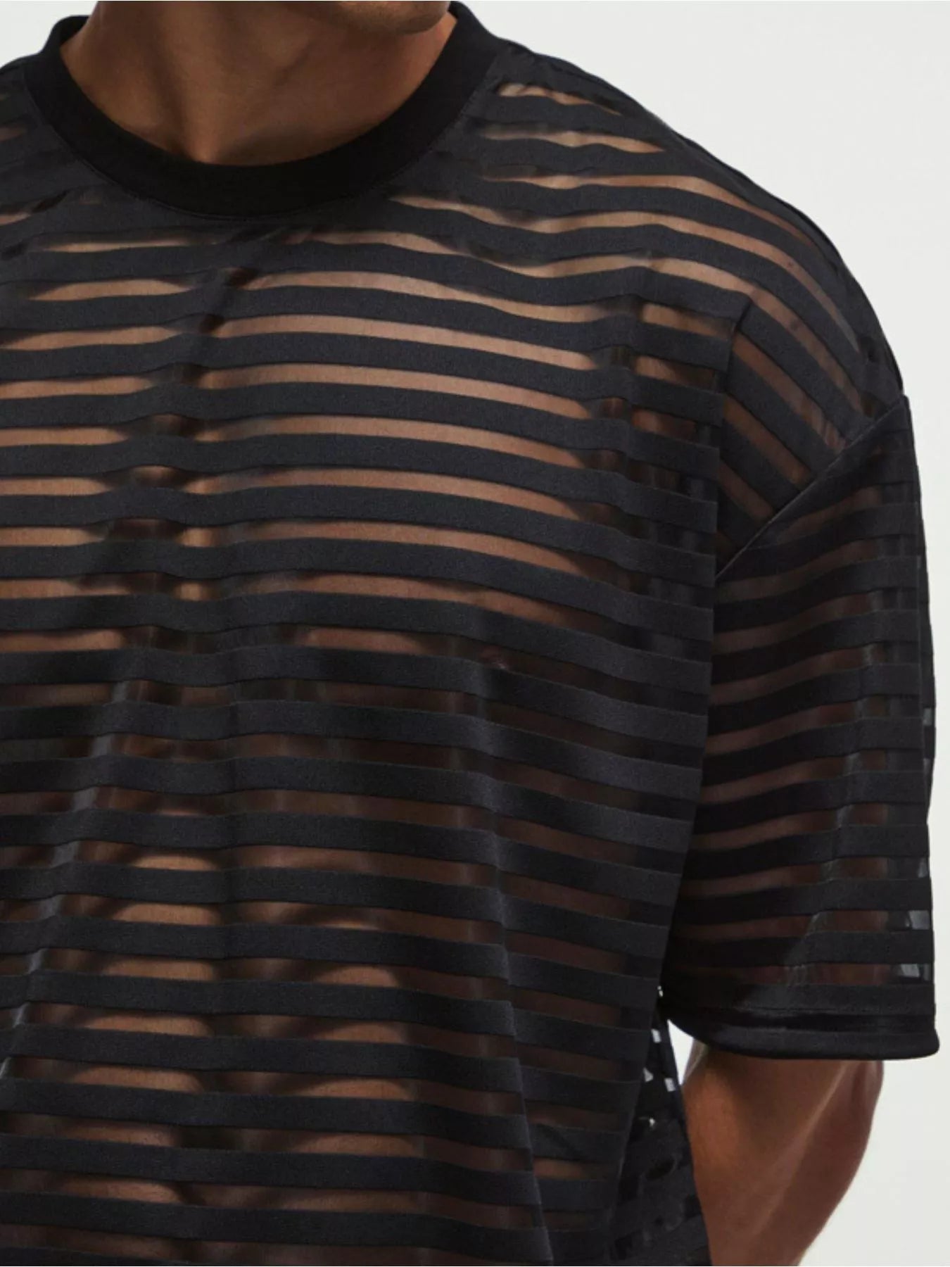 Men's Full Size Sheer Striped Round Neck T-Shirt Plus Size