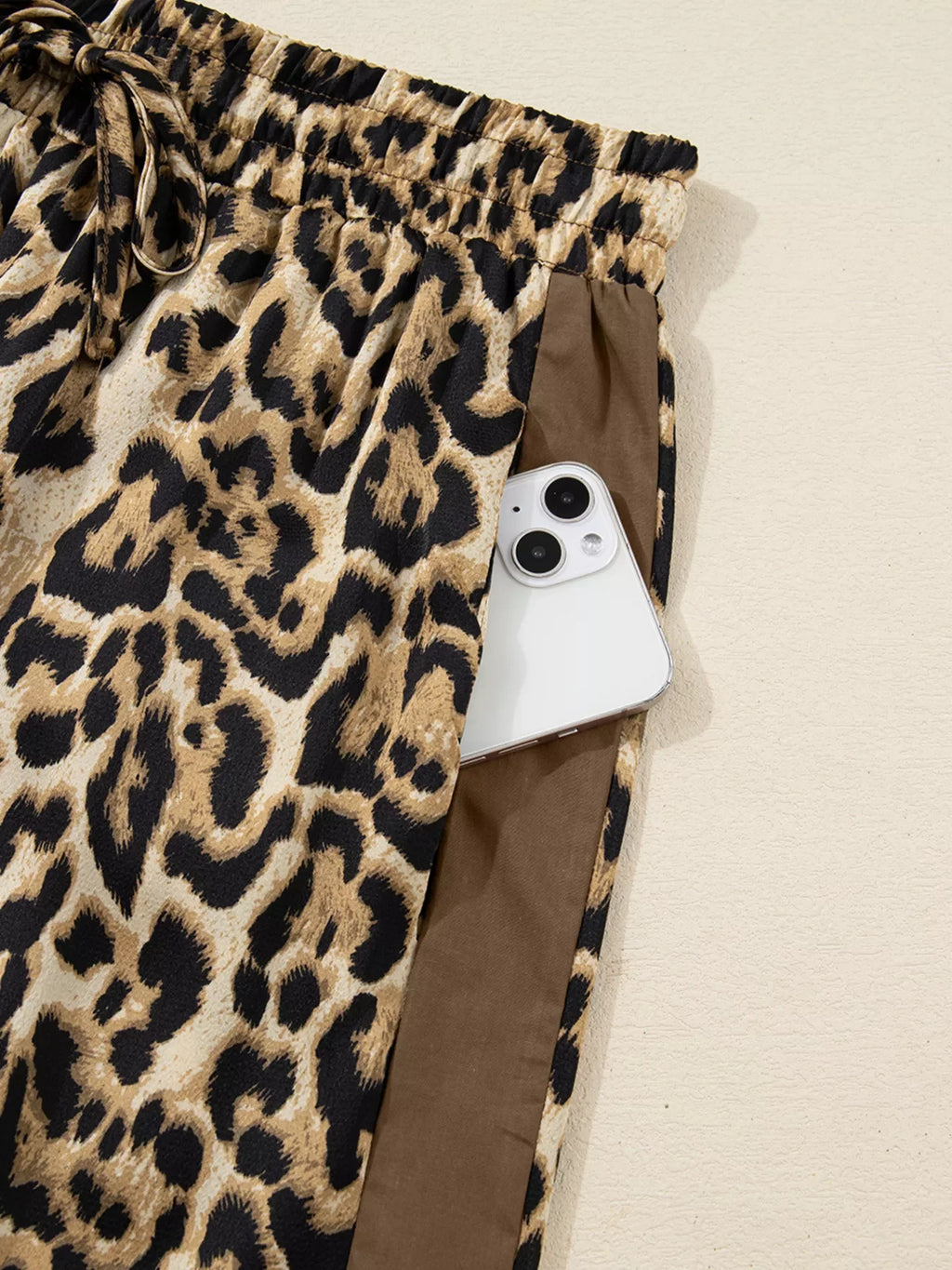 Leopard Collared 3/4 Sleeve Shirt and Loose Pants Two Piece Outfit Set