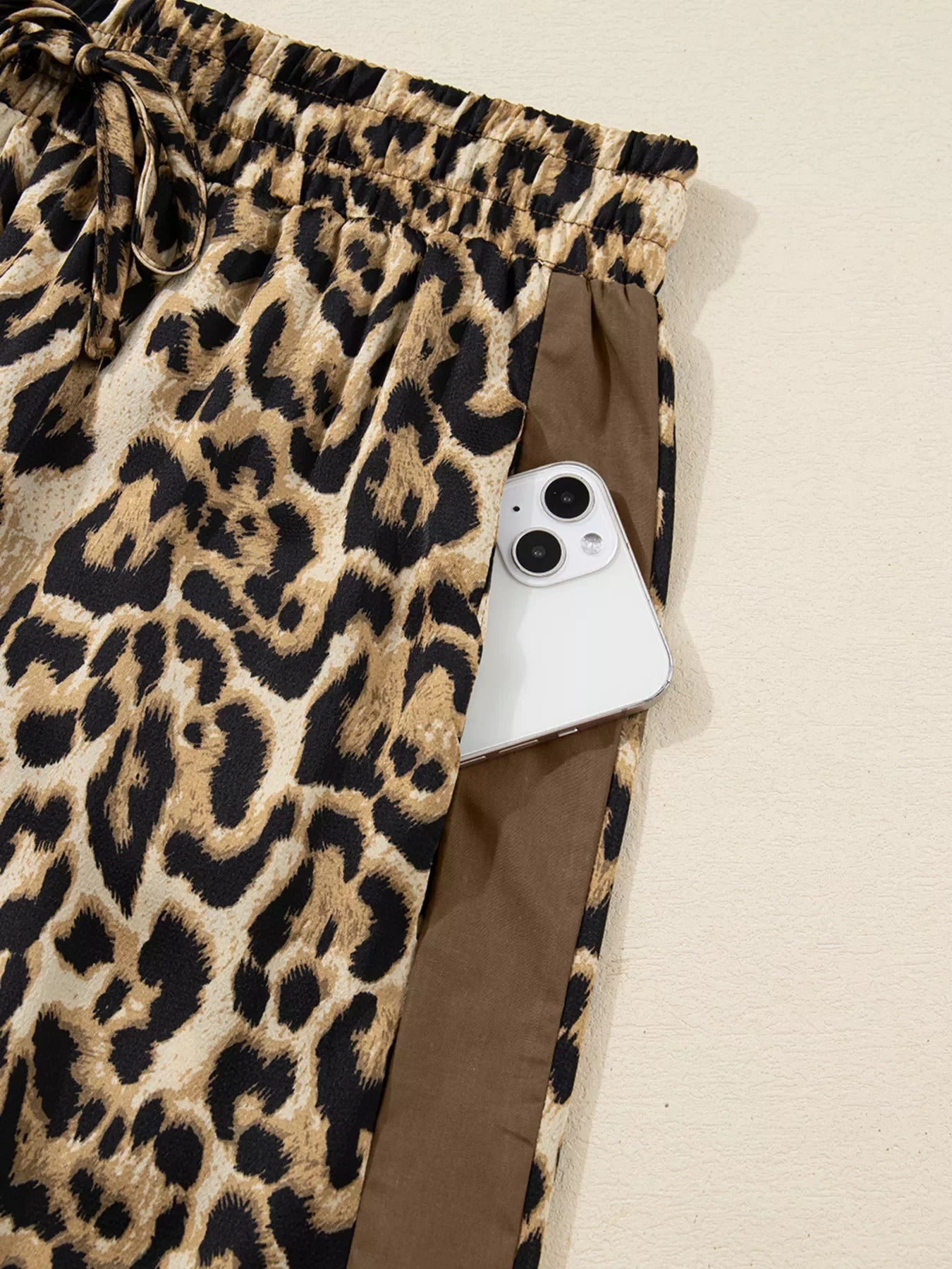 Leopard Collared 3/4 Sleeve Shirt and Loose Pants Two Piece Outfit Set