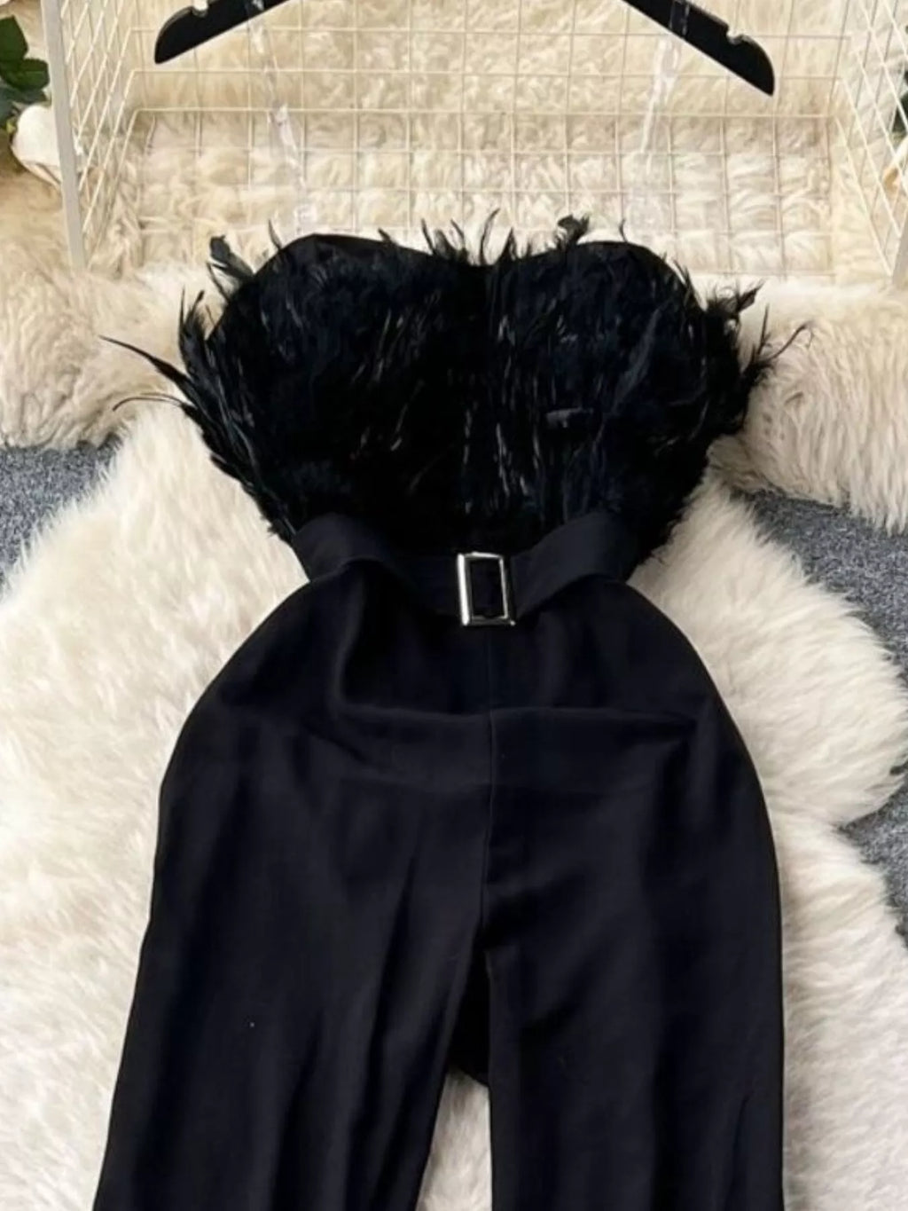 Feather Trim Strapless Wide Leg Jumpsuit