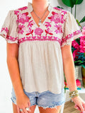 Floral Embroidered Short Sleeve Notched Blouse