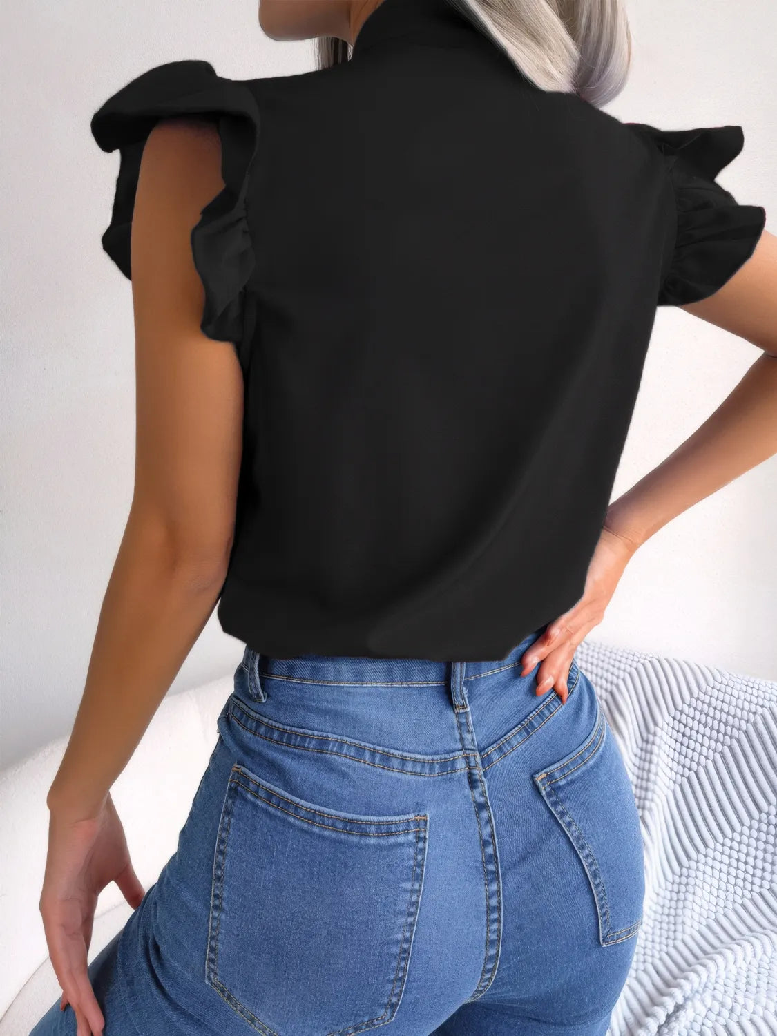 Ruffled Tie Neck Cap Sleeve Blouse