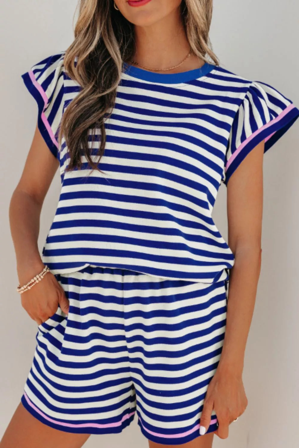 Striped Ruffle Sleeve Top and Shorts Set