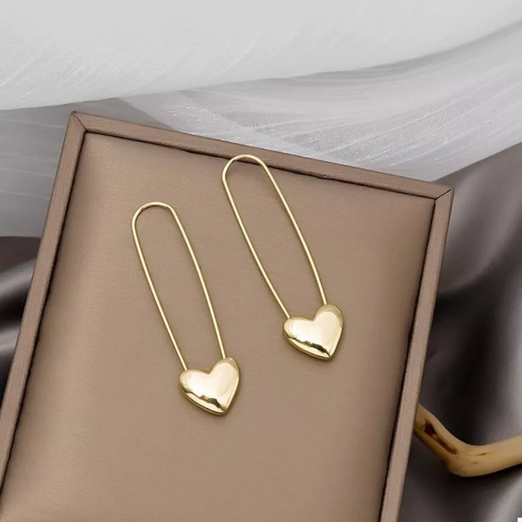 18K Gold-Plated Heart Charm Safety Pin Earrings