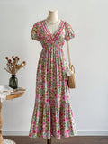 Floral Print V-Neck Puff Sleeve Dress