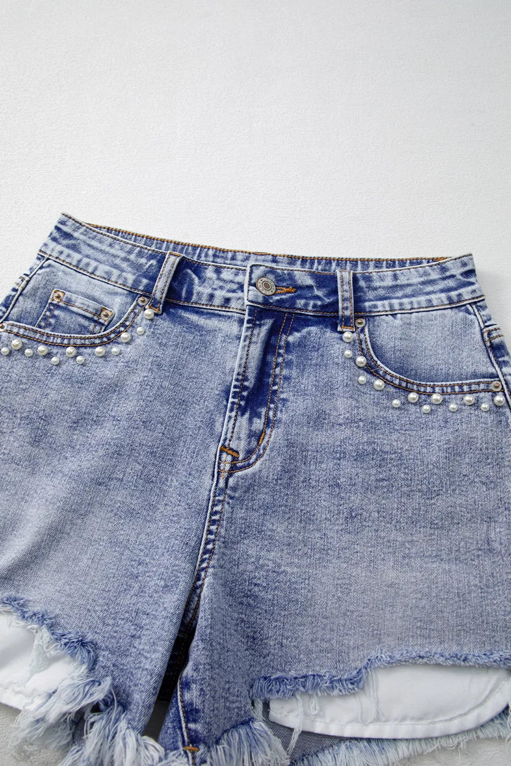 Pearl Studded Pockets Raw Hem Denim Shorts