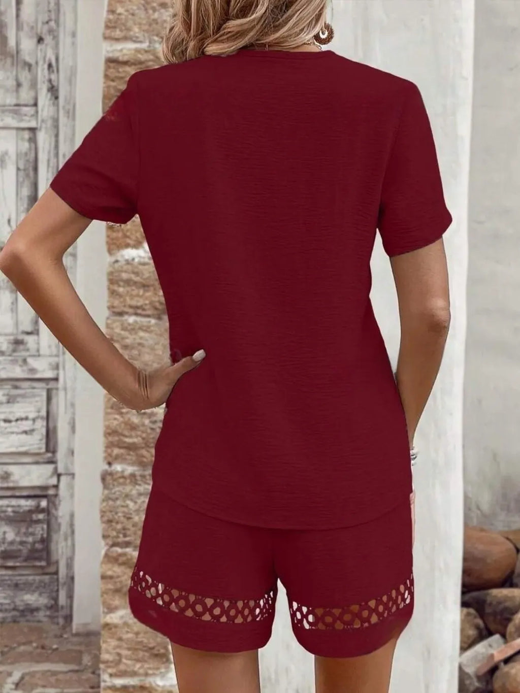 V Neck Short Sleeve Top and Shorts Set