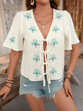 Embroidered V-Neck Short Sleeve Shirt