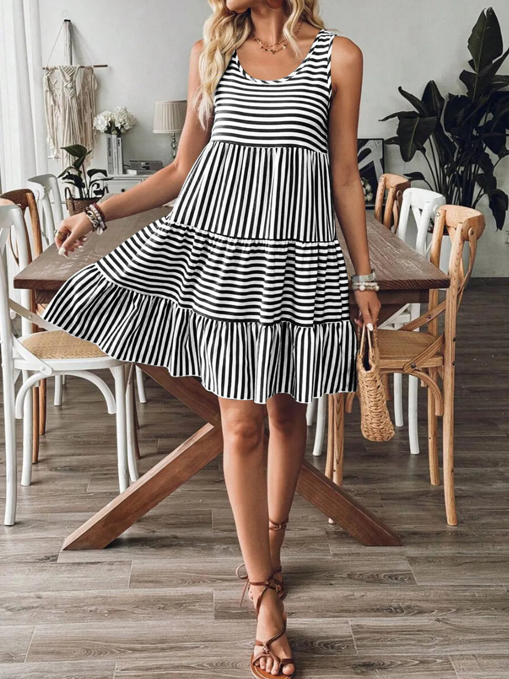 Casual Striped Tiered Ruffle Tank Dress