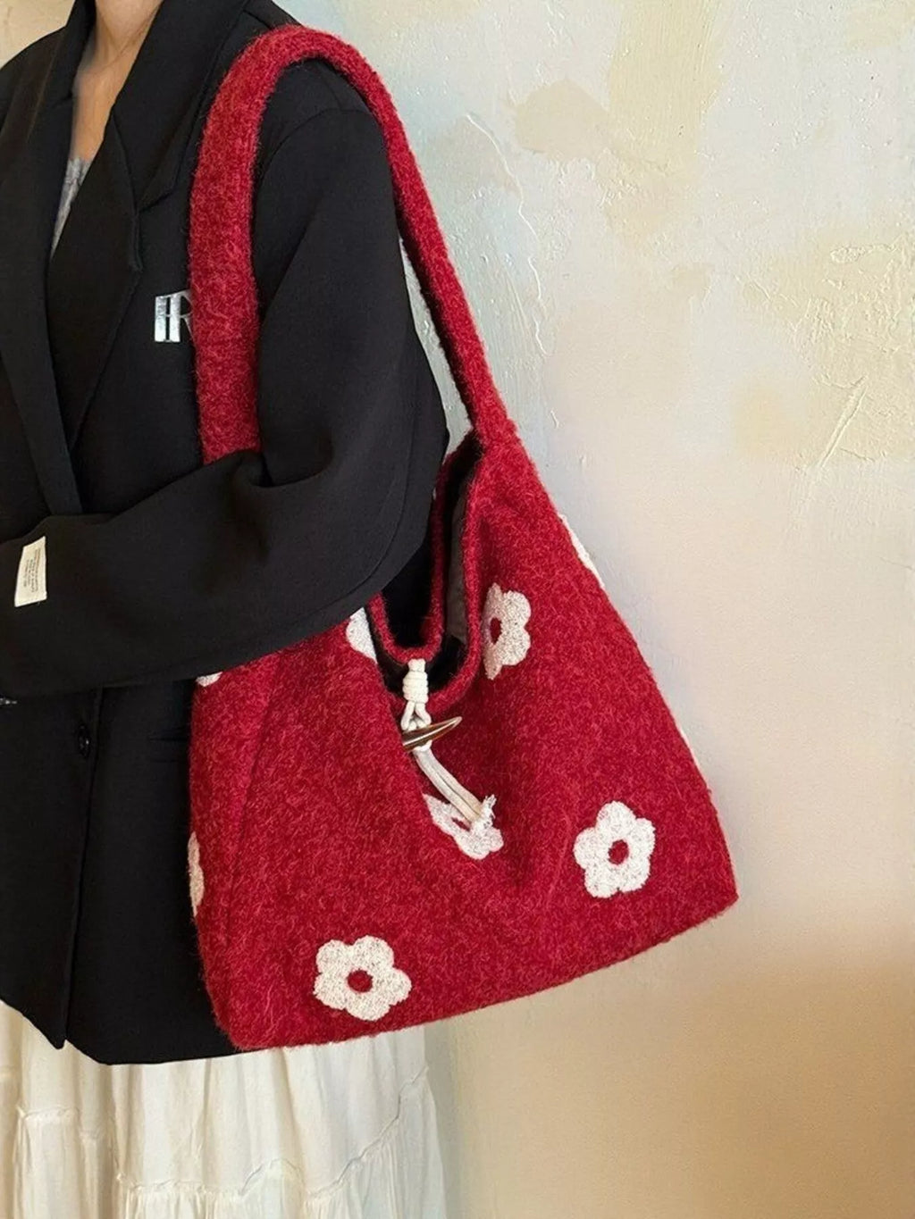 Floral Fuzzy Knit Tote Bag