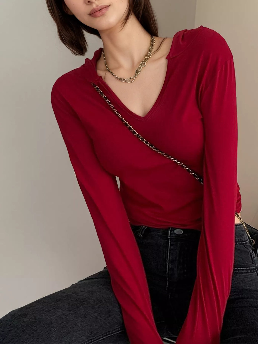 V-Neck Long Sleeve Slim Fit T-Shirt