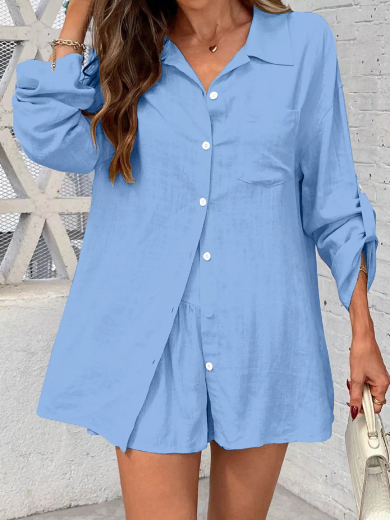 Button Up Roll-Up Sleeve Shirt and Shorts Set
