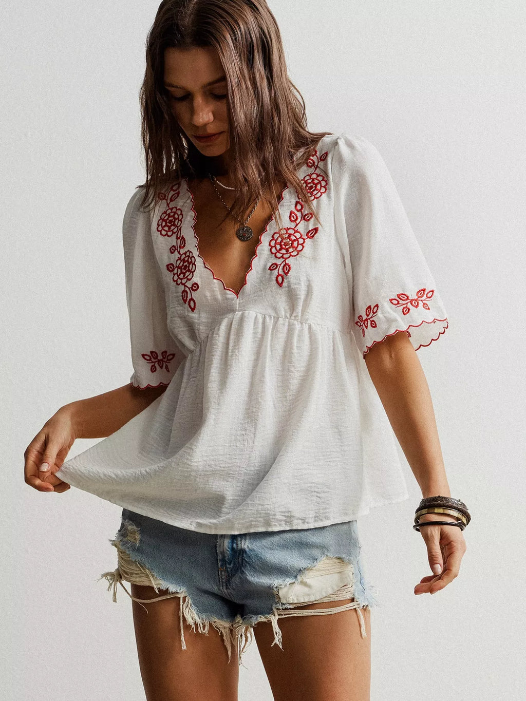 Embroidered Floral V-Neck Blouse