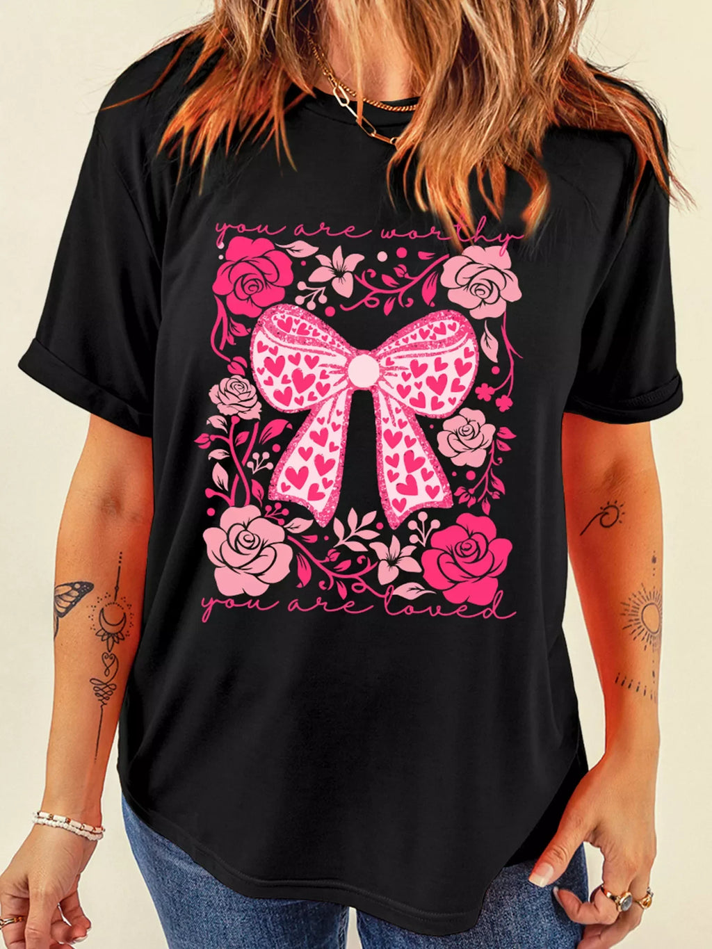 Valentines Day Slogan Floral and Bow T Shirt