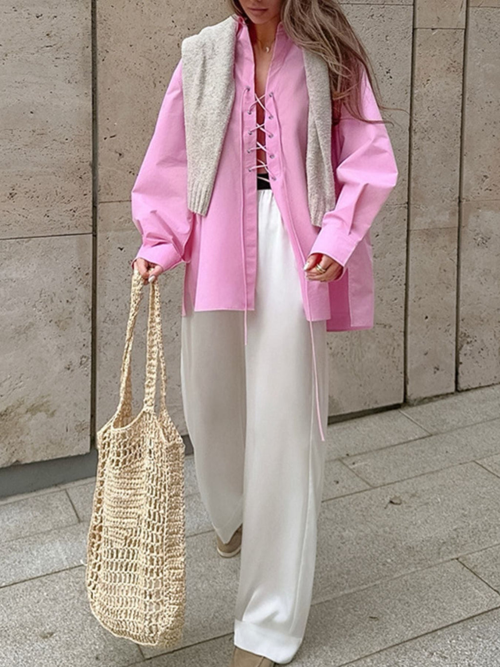 Lace-Up Front Oversized Shirt