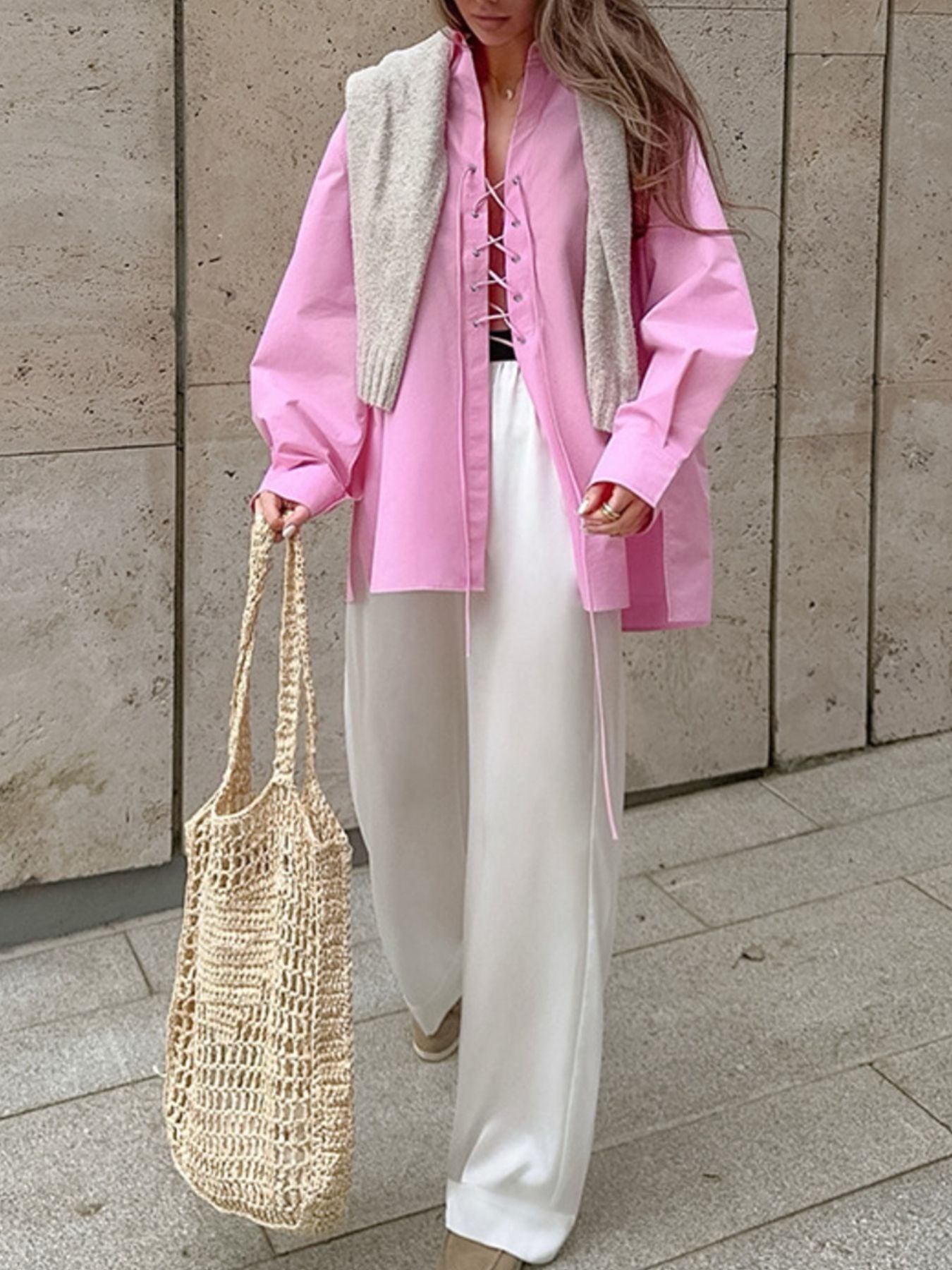 Lace-Up Front Oversized Shirt