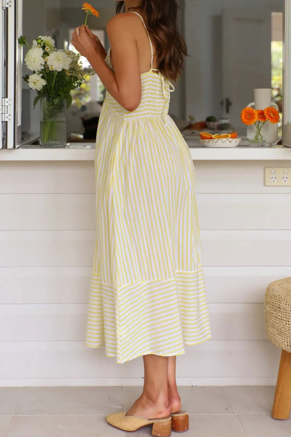 Smocked Back Striped Sleeveless Midi Dress
