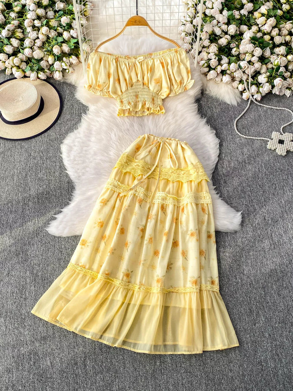 Smocked Floral Top and Skirt Set