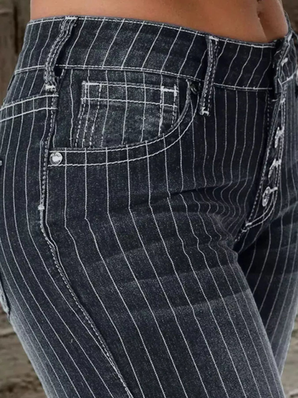 Striped Button Fly Flare Jeans