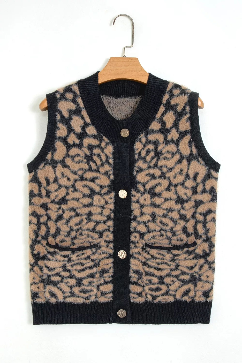 Leopard Print Knit Sleeveless Regular Wash Sweater Vest