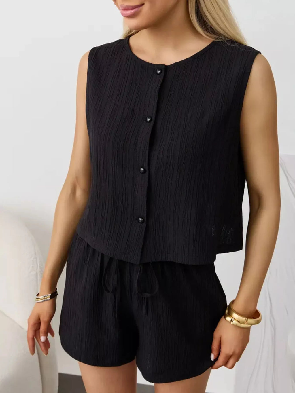 Textured Round Neck Tank and Shorts Set