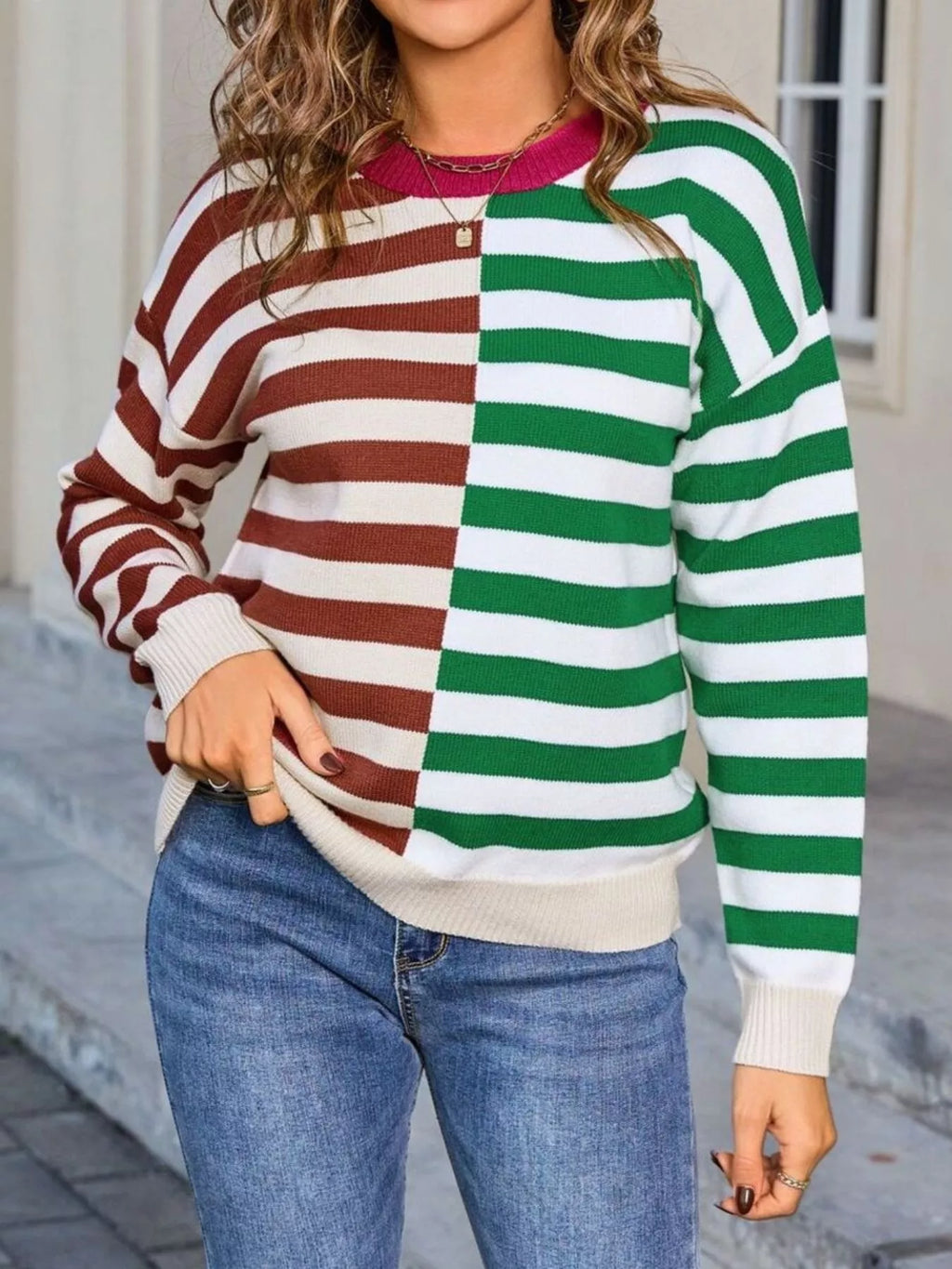 Striped Round Neck Long Sleeve Sweater
