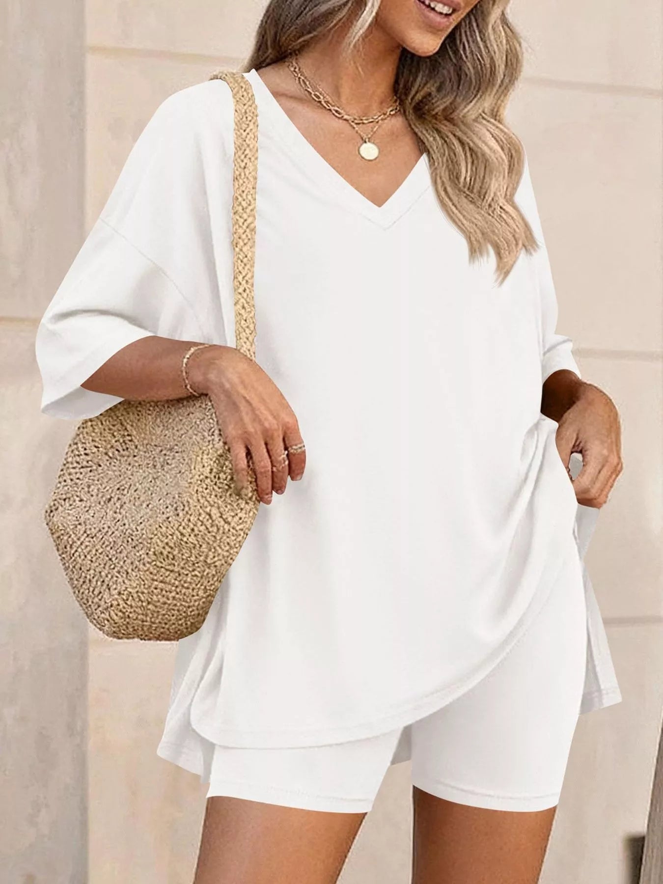 Full Size Casual Loose V-Neck T-Shirt & Shorts Set Plus Size