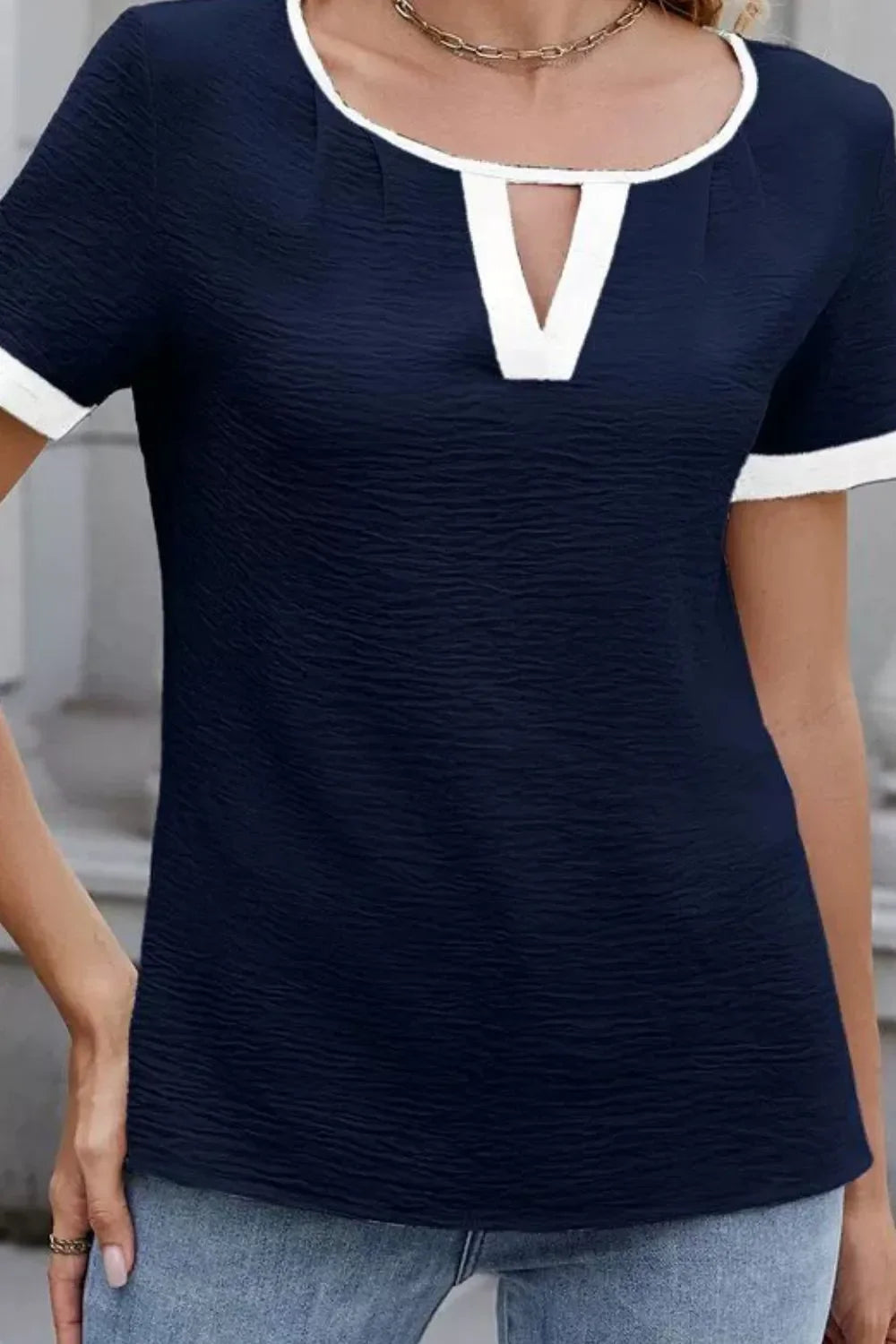 Cutout Round Neck Short Sleeve Blouse