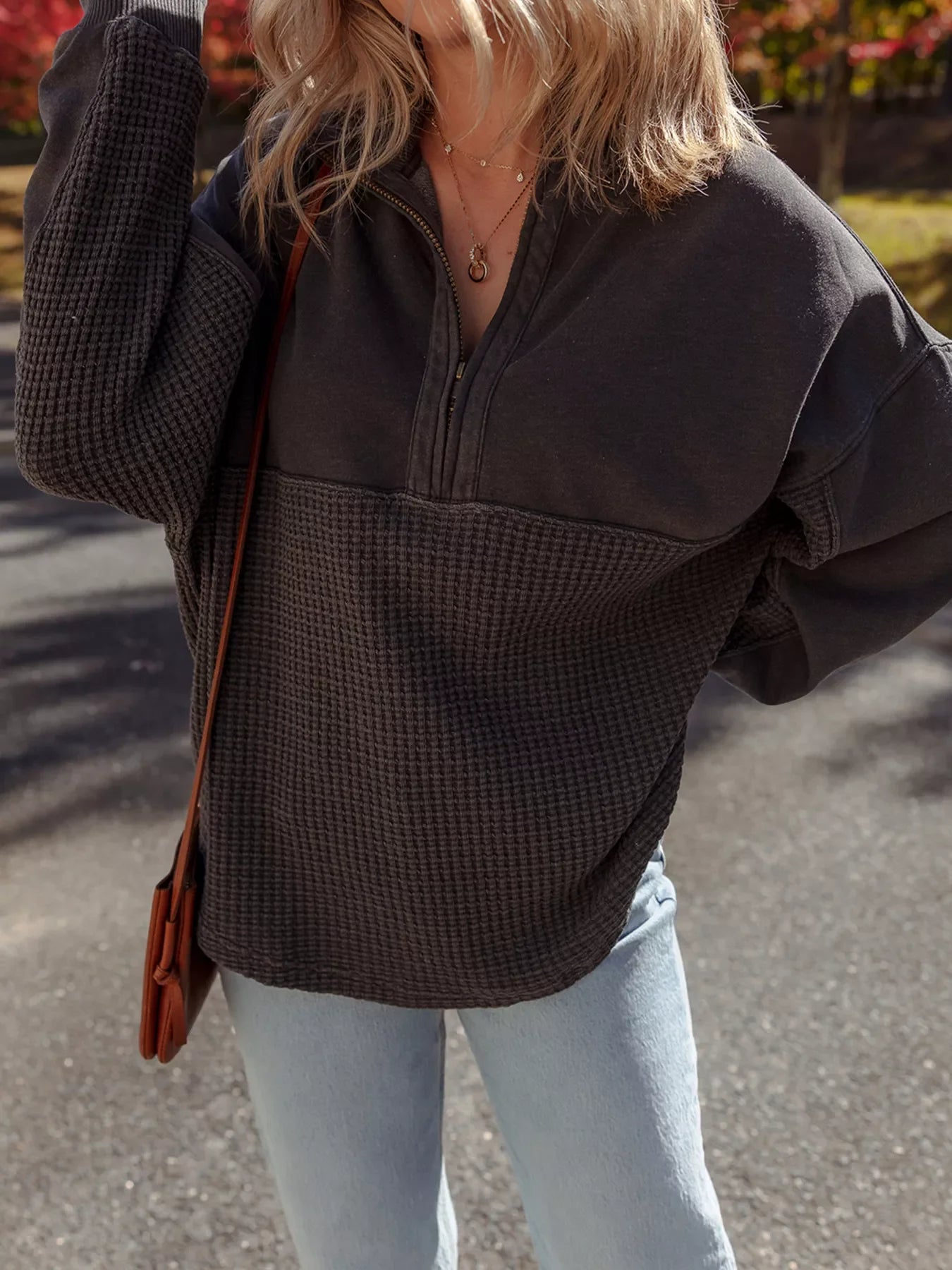 Waffle Knit Patchwork Half Zipped Casual Sweatshirt