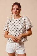 SO ME Bow Texture Woven Bubble Sleeve Top