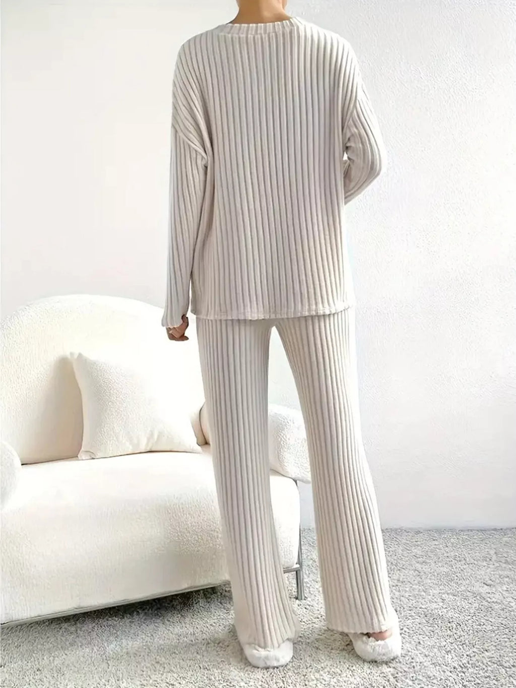 Ribbed Knit V-Neck Top and Pants Set