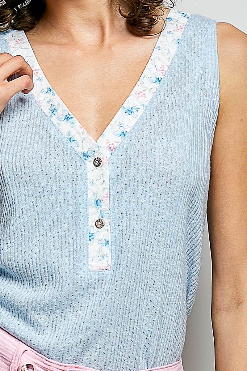 POL Ribbed V-Neck Tank with Contrast Floral Neckband