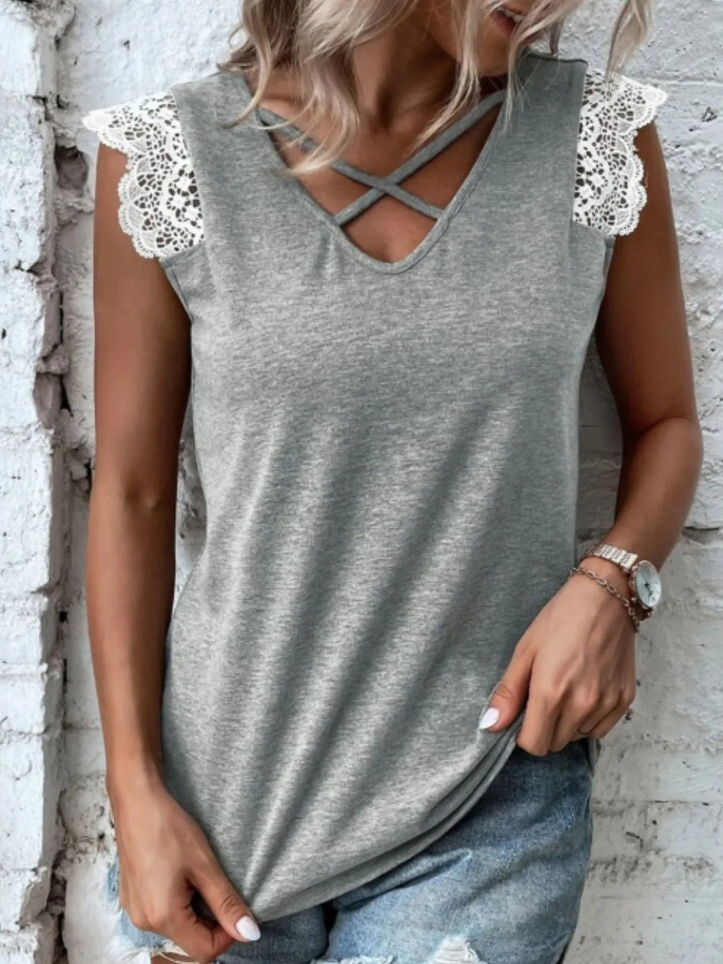 Lace Trim Cross-Front V-Neck Tank Top