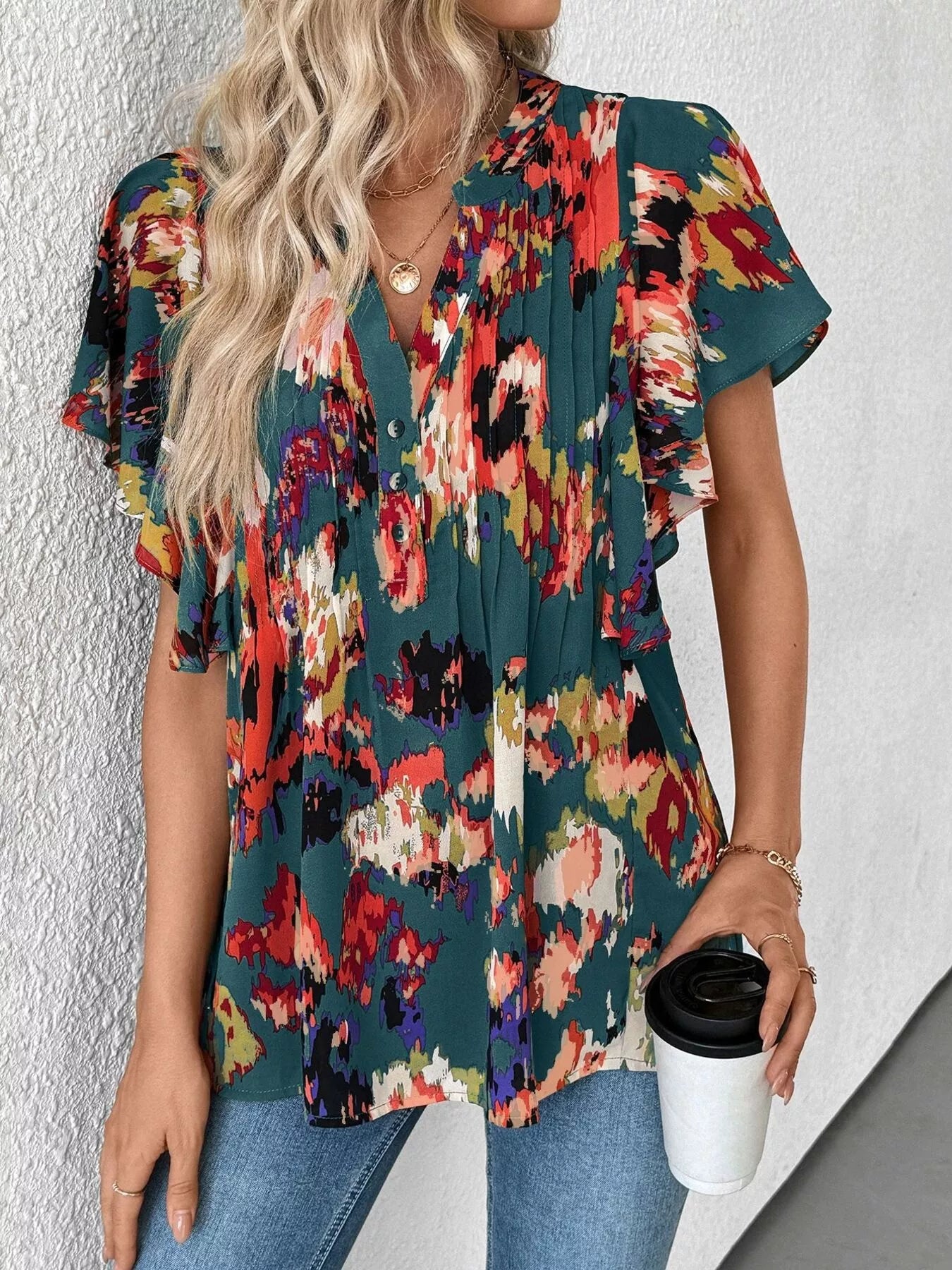 Abstract Print Ruffle Sleeve Blouse