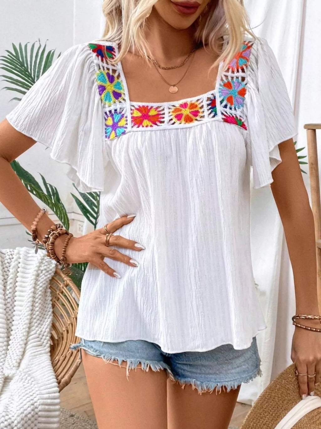 Embroidered Square Neck Flutter Sleeve Blouse