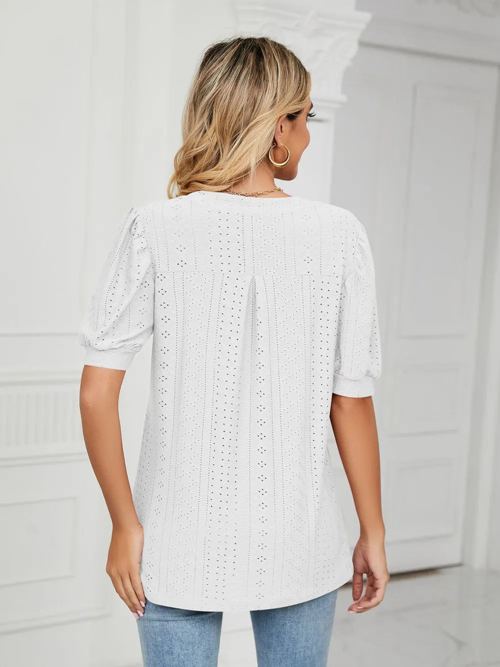 Florira Eyelet Notched Short Sleeve T-Shirt