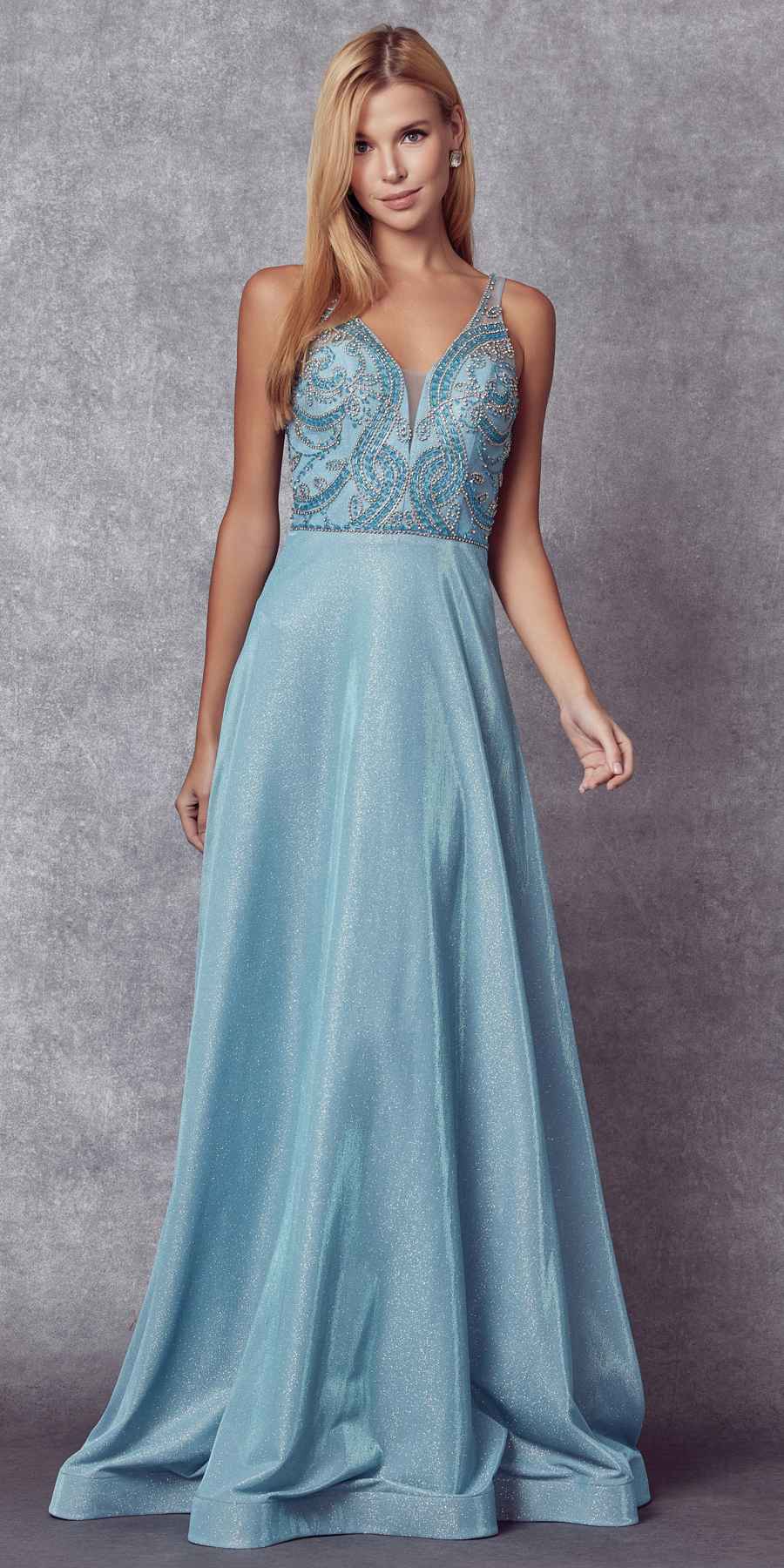 Juliet 699 Metallic Glitter Dress Embellished Bodice V-Neck Sleeveless