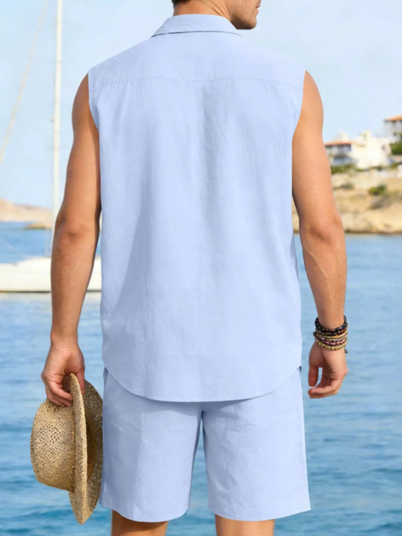 Men's Full Size Button Up Sleeveless Top and Shorts Plus Size