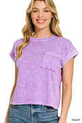 Zenana Halo Snow Washed Cotton Cuffed Short Sleeve Top
