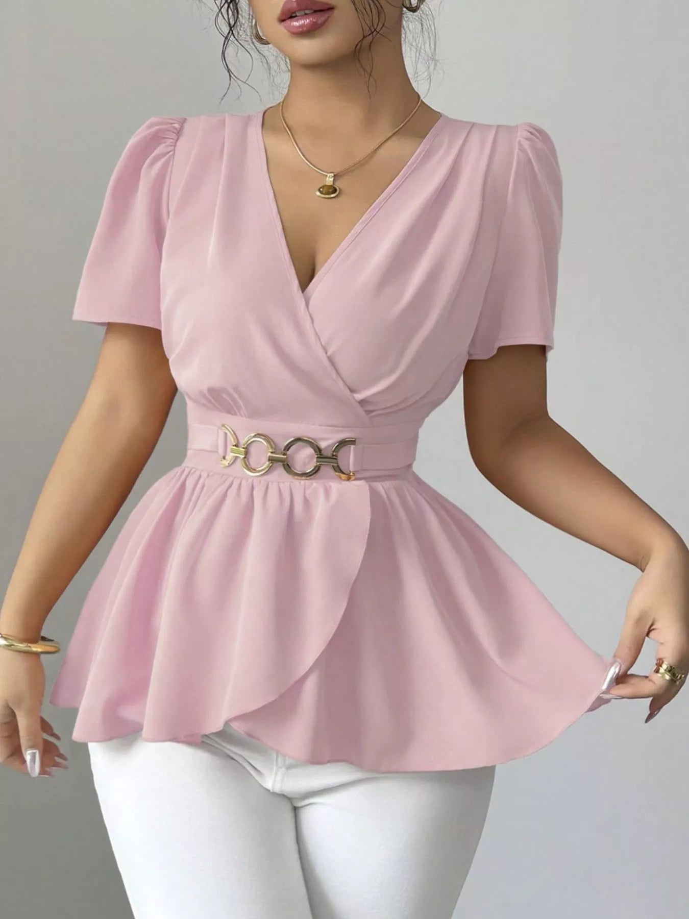 Surplice Short Sleeve Blouse