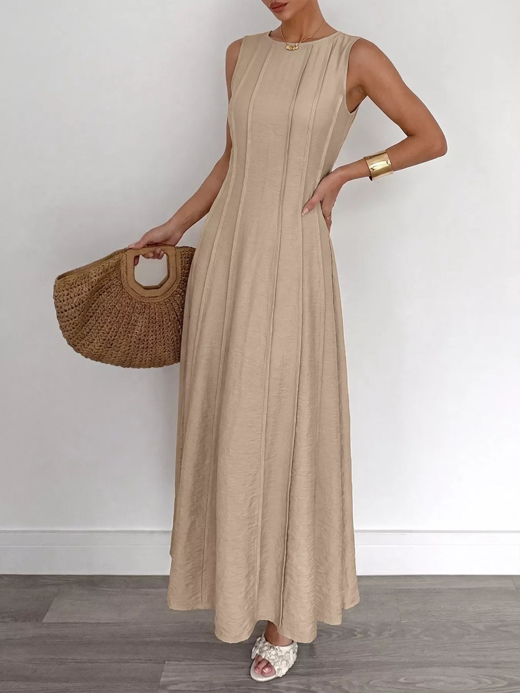 Round Neck Sleeveless Texture Maxi Dress