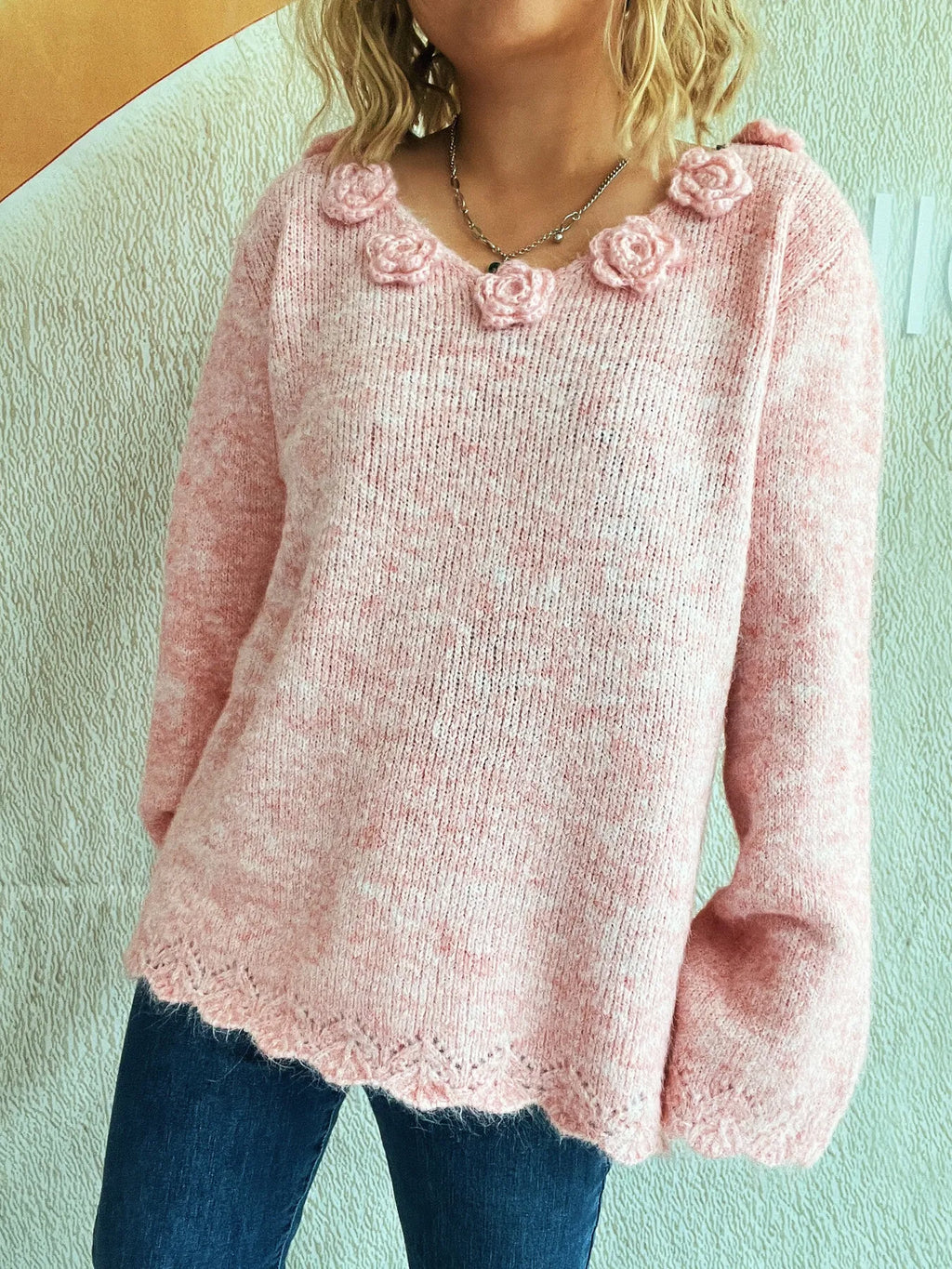 Flower V-Neck Long Sleeve Sweater