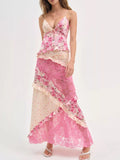 Lace Floral Print Ruffle Trim Maxi Dress
