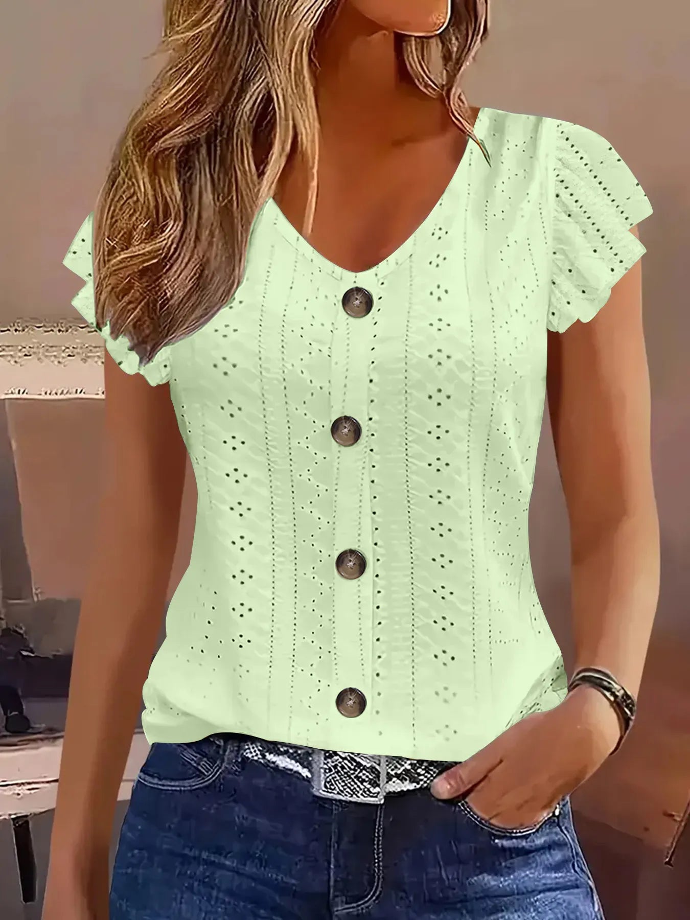 Eyelet Button-Front Flutter Sleeve Top