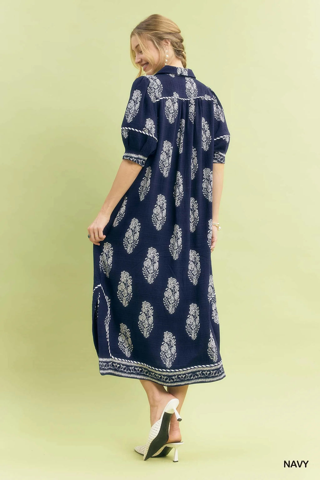 Umgee Border Print Collared Midi Dress