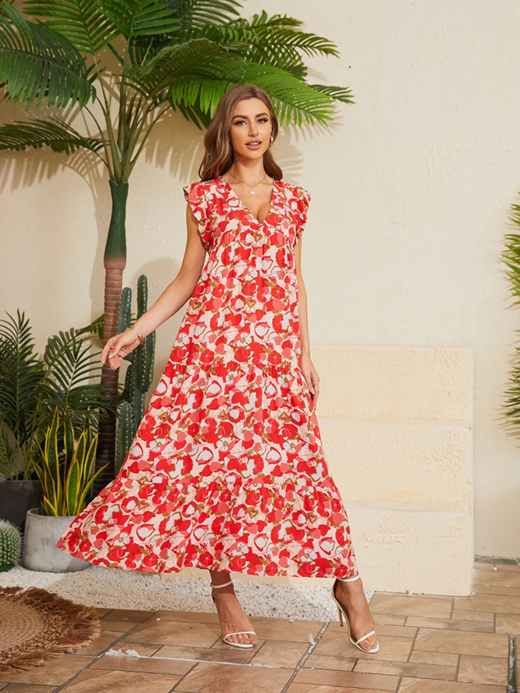 Floral V-Neck Cap Sleeve Summer Dress