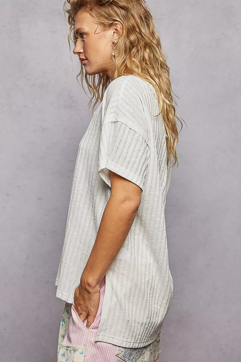 POL Ribbed Knit V-Neck Short Sleeve T-Shirt with Side Slit