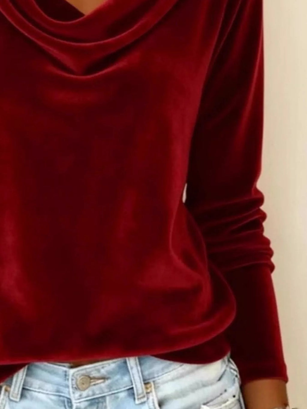 Velvet Cowl Neck Long Sleeve T-Shirt