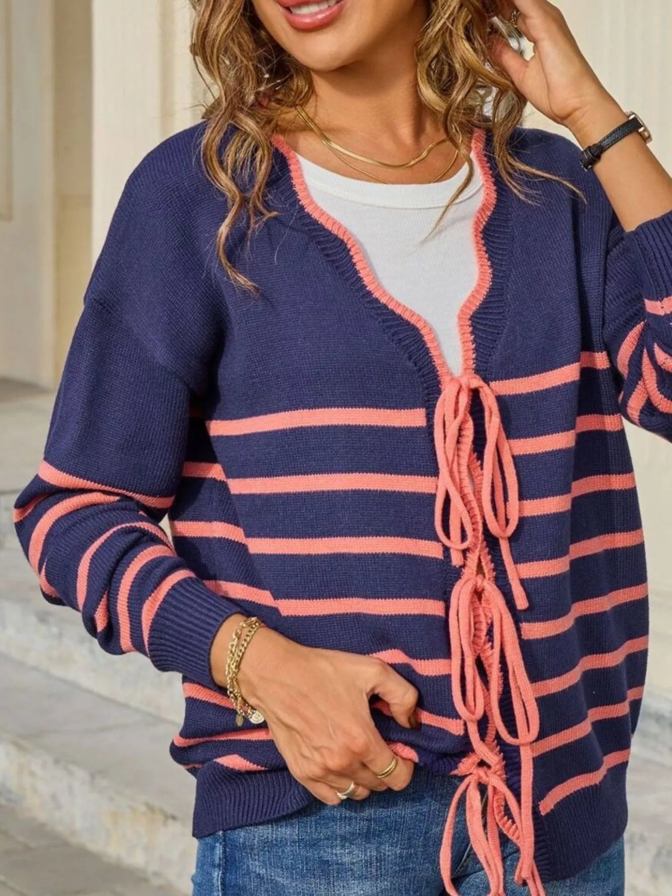Striped Tie Front Knit Cardigan