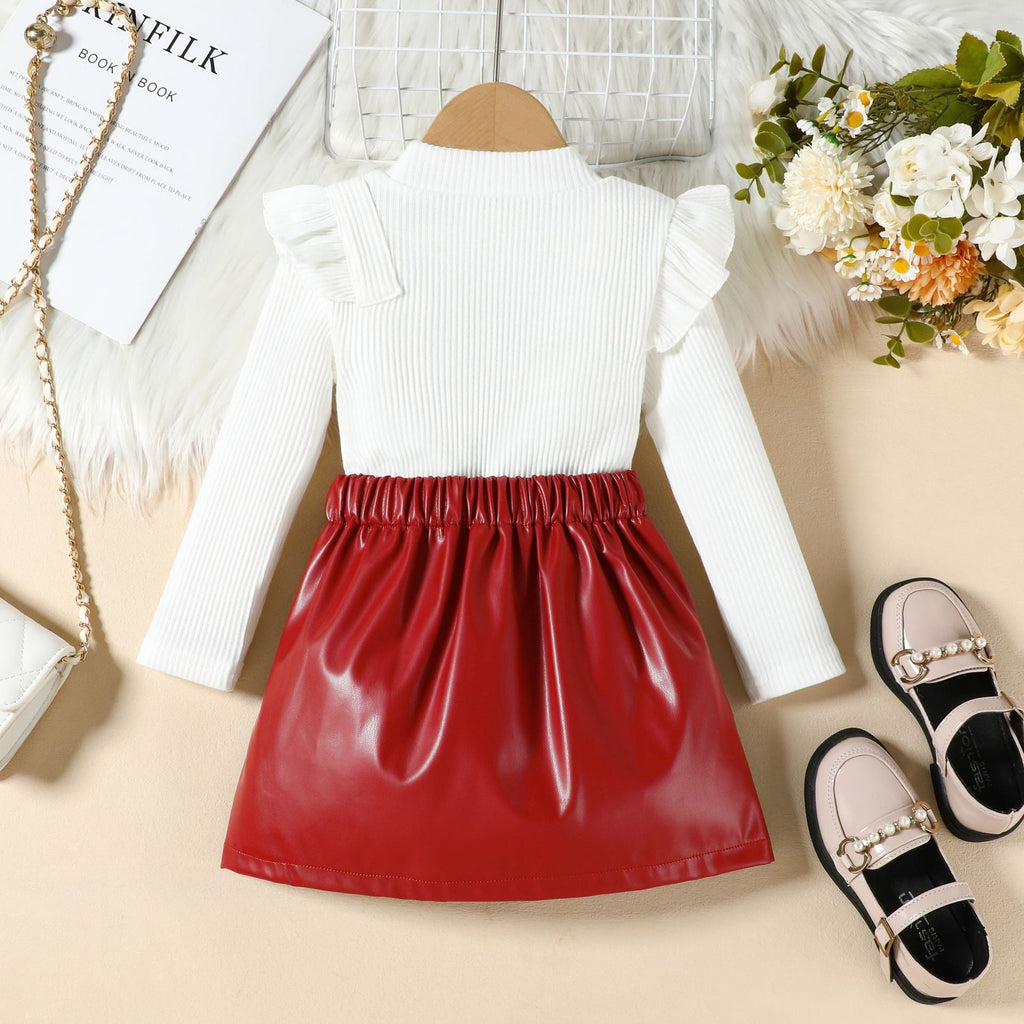 Children's Ruffled Trim Ribbed Top & Faux Leather Skirt Set
